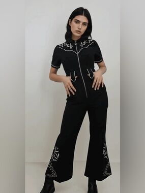 Western Evil Bat Embroidered Western Tassel Jumpsuit